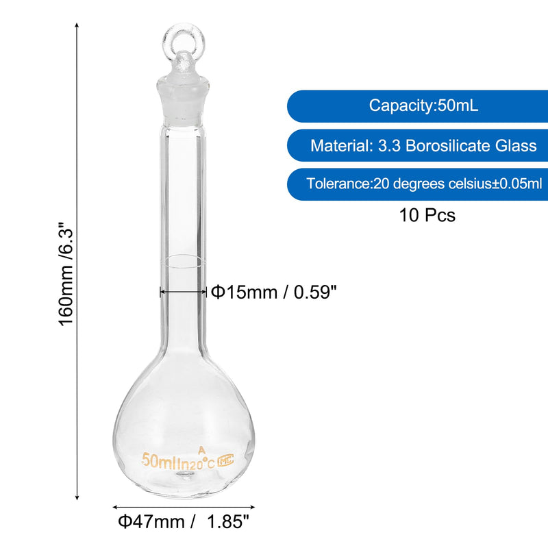 PATIKIL 50ml Volumetric Flask, 10Pcs 3.3 Borosilicate Glass Graduated Volumetric Measuring Flask with Glass Stopper Tolerance 0.12ml for Lab Experiment, Clear