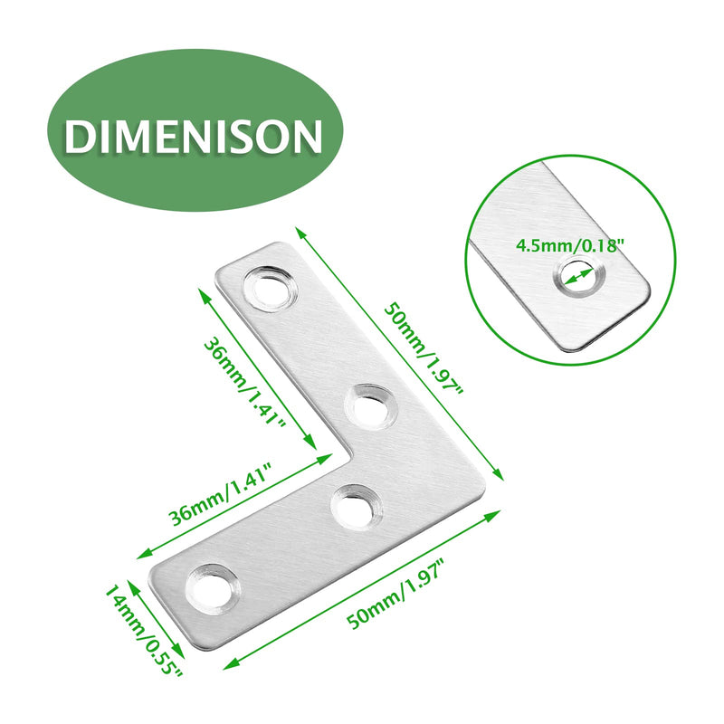 Uenhoy 20 Pcs L Shape Flat Mending Plates 50mm x 50mm (2" x 2") Flat Corner Braces, Right Angle Photo Frame Bracket, Silver 50x50mm/2"x2"