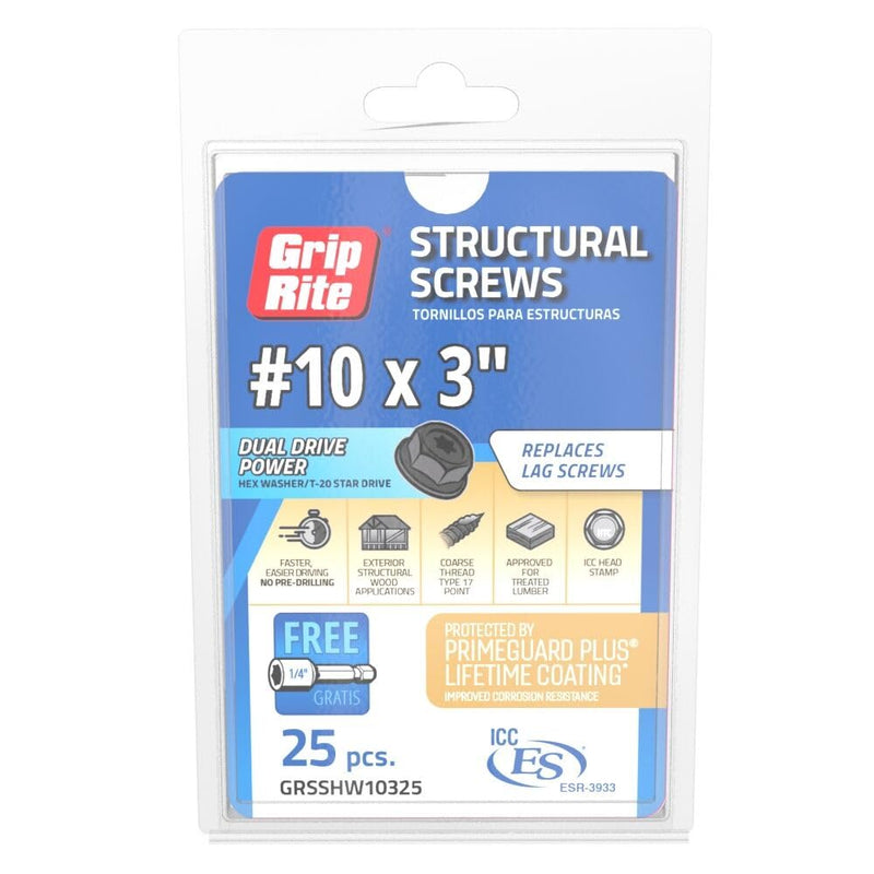 Grip-Rite GRSSHW10325#10 x 3 Structural Screw Dual Drive Power Hex Washer Star Drive Head 25CT 3 " #10 x 3"