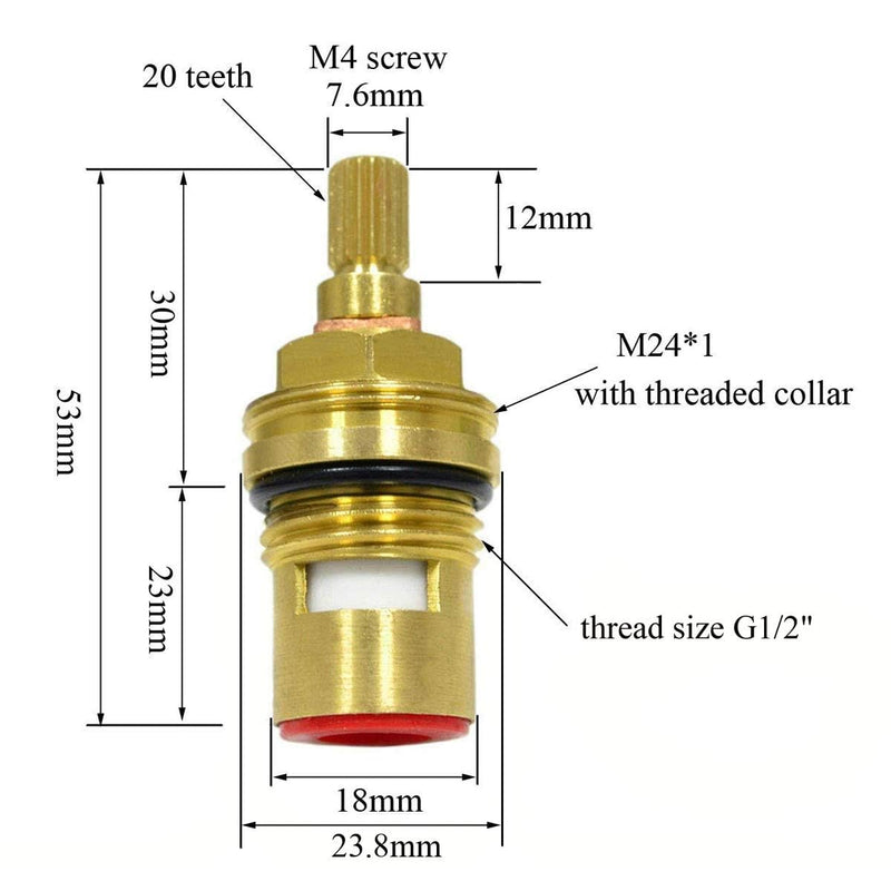 Huashan Replacement Brass Ceramic Disc Stem Cartridge Faucet Valve Quarter Turn 1/2" X 53mm x 12mm spline length 20 teeth(PAIR Hot & Cold) - NewNest Australia
