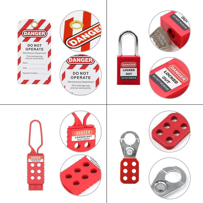 Lockout Tagout Kit Safety Electrical Loto Group Hasps Each Red Padlock with 2 Differ Key 8X Tagout Tags 1x 1 Nylon Buckle 1x Pocket Bag HLM29