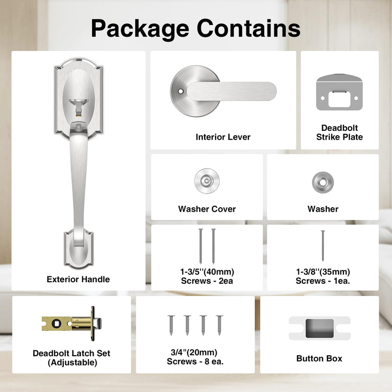 Front Door Handle No Lock, Entry Door Handle Exterior with Interior Reversible Handle Lever, Lower Half Grip, Single Cylinder, Door Handle Sets for Right or Left Handed Door, Satin Nickel