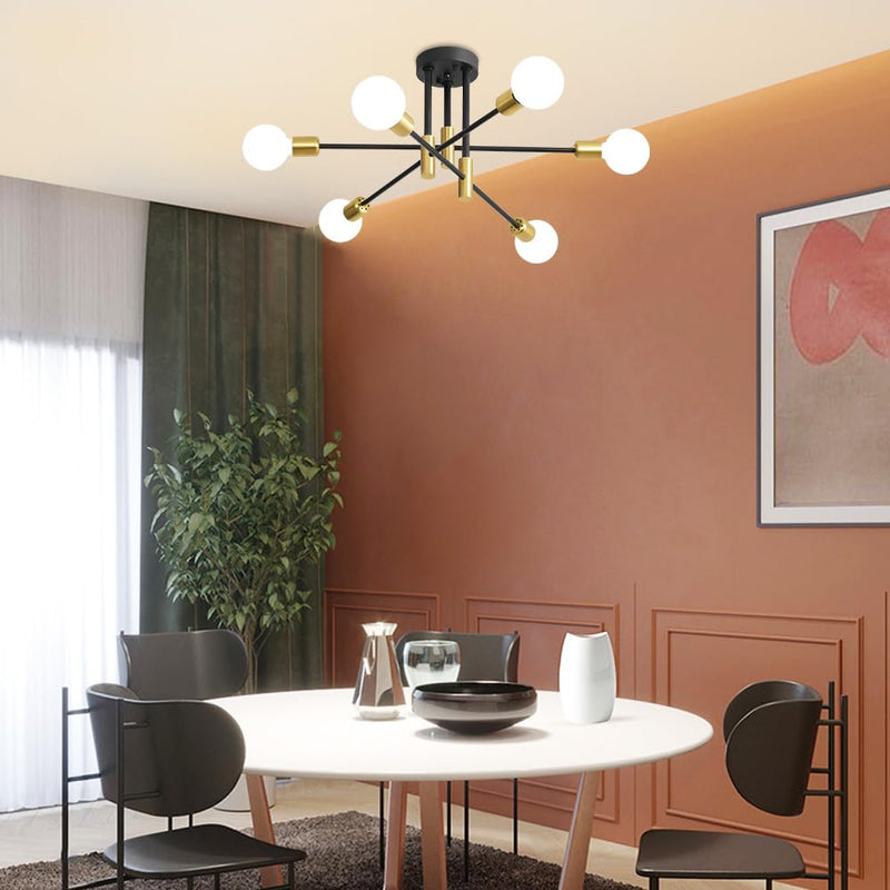 Biewalk Sputnik Chandelier, Mid Century Modern Nordic Pendant Lighting 6 Lights Ceiling Light Fixture Black and Gold Chandelier, for Living Room Kitchen Bedroom Dining Room (E26 Bulb Excluded) Black Gold 6-Light no lampshade