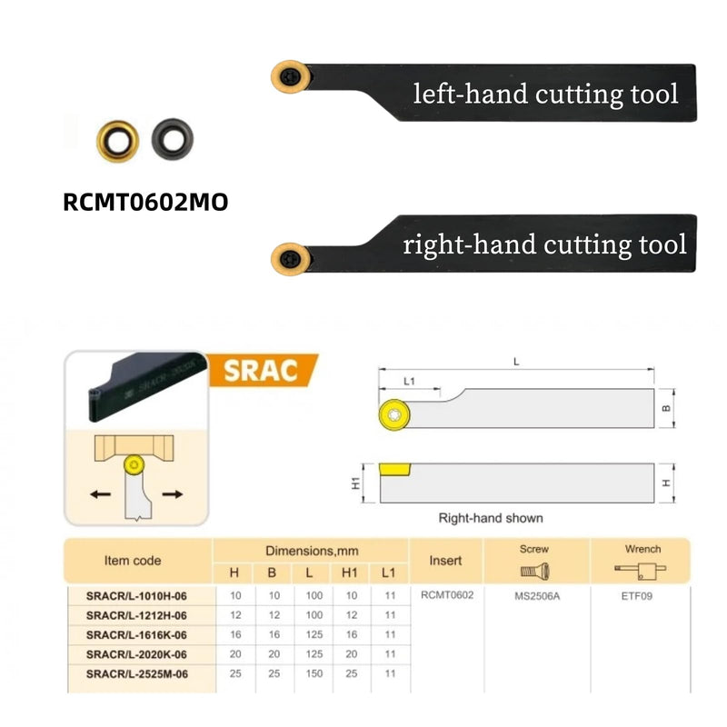 2pcs SRACR/L1212H06 1/2 Lathe indexable Tool Holder Lathe Turning Holders with 20pcs RCMT0602MO Carbide Milling Inserts SRACR/L1212H06+20pcs inserts