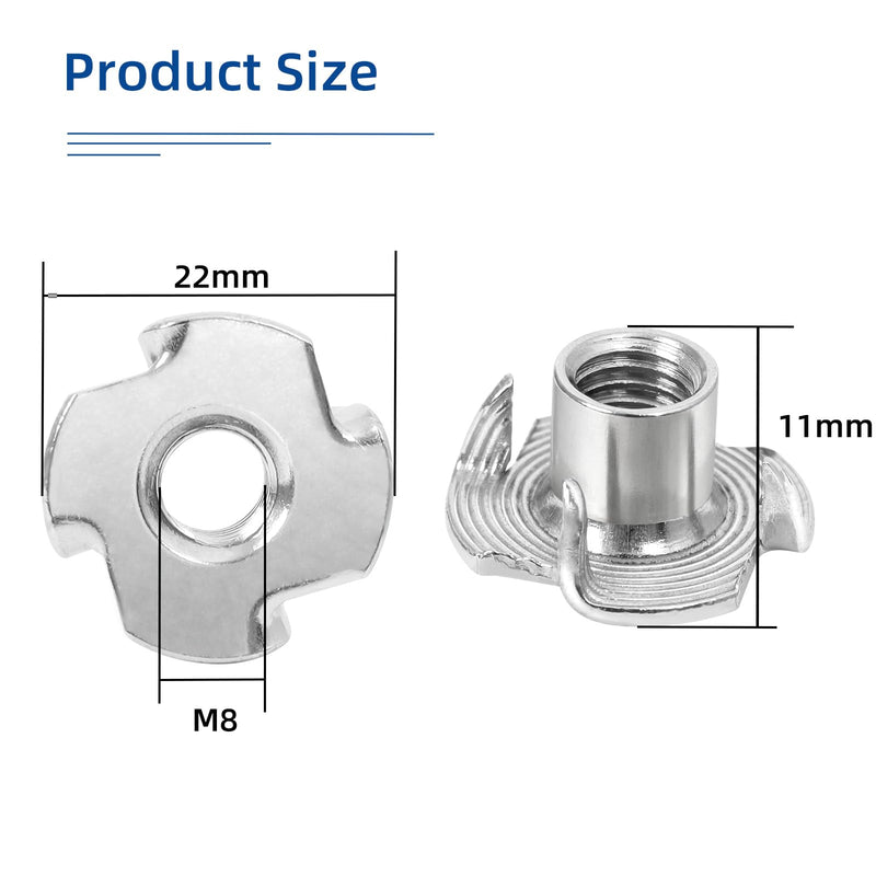 M8 T-Nuts, 304 Stainless Steel 4 Pronged Tee Nuts, Four-jaw Threaded Inserts for Rock Climbing Holds, Furniture, Cabinetry, Woodworking, Silver, 25 PCS M8