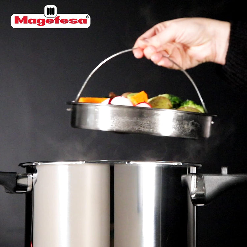 MAGEFESA Stainless Steel Universal Steamer Basket with Tripod, 8-Inch, Dishwasher Safe, Compatible with 8.7-inch Pressure Cookers and Cookware