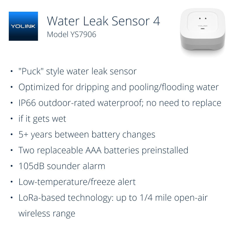 YoLink Water Leak Detector 4 with 105dB Audio Alarm, Freeze Warning, App Push, Email Alerts and Limited Text - Smart Water Sensor Alarm w/ Alexa, IFTTT - 1/4 Mile Long Range, Hub Required