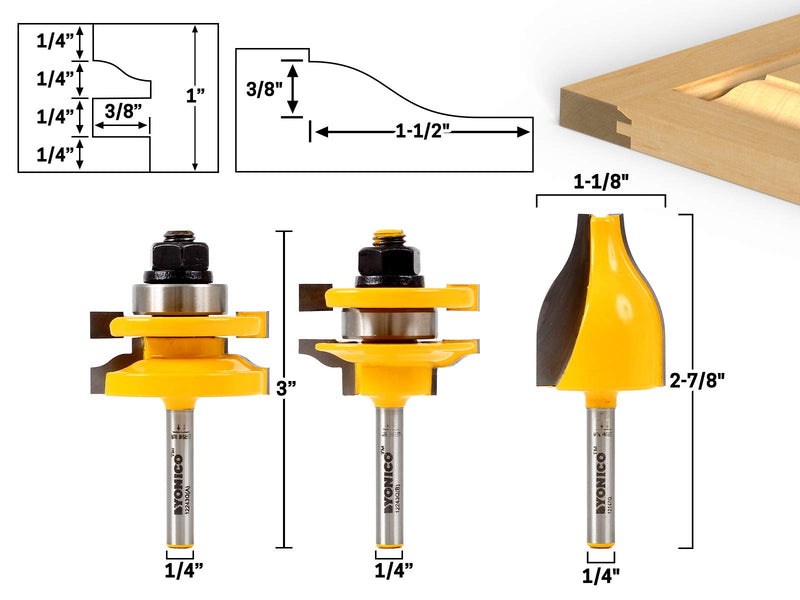 YONICO Router Bits Set Cabinet Door Rail and Stile Vertical Raised Panel 3 Bit Ogee 1/4-Inch Shank 12334q Ogee - 1/4" Shank