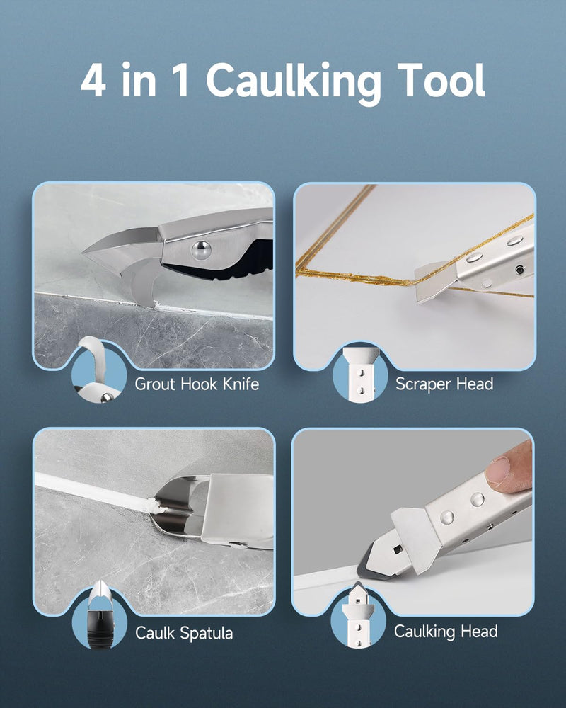 Caulking Tool Kit, Stainless Steel Caulk Remover Tool, 4 in 1 Caulk Tool for Bathroom, Kitchen, Floor, Window, Sink Joint, Frames Seal