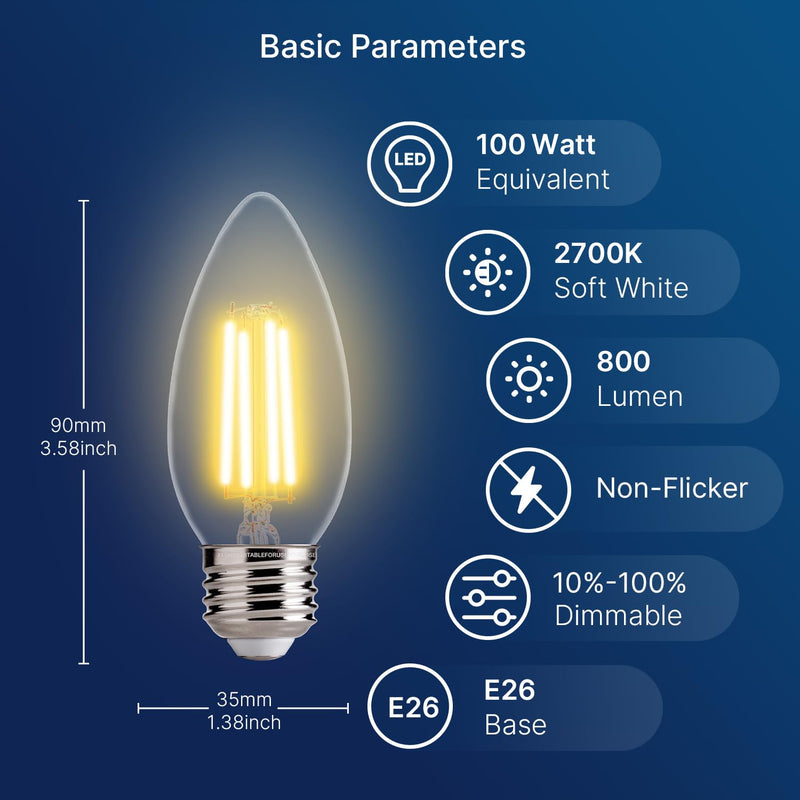 FLSNT 100W Equivalent LED Candelabra Bulbs, 800LM Dimmable LED Chandelier Light Bulbs, 2700K Soft White, E26 Base, 12 Pack UL,CA65 Listed. 100w Soft White 12 Count (Pack of 1)