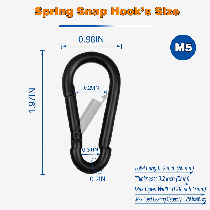 M5 Black Carabiner Clip, 3/16Inch Snap Hook Quick Link Small Carabiner Clips, 2'' Spring Carabiner Link Buckle for Fishing Camping Hammock Dog Leashes-220LBS Holding Capacity 100PCSM5