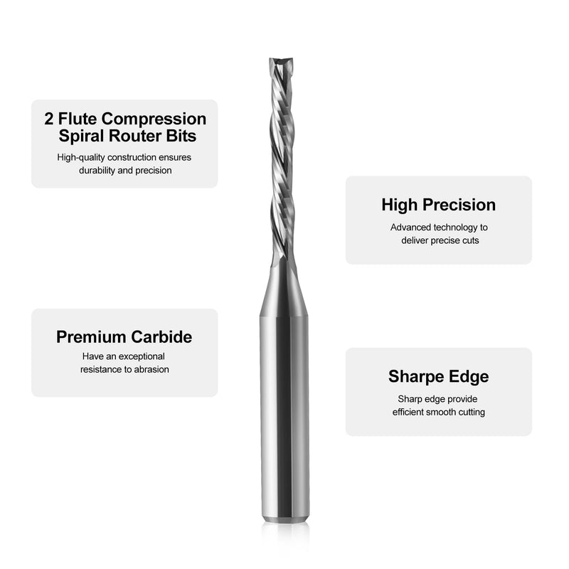 2 Pack Compression Spiral Router Bit 1/4 Inch Shank 1/8 Inch Cutting Dia. Upcut and Downcut CNC Router Bit Solid Carbide, Ideal for Wood Cutting, Slot Mortise, Engraving 2