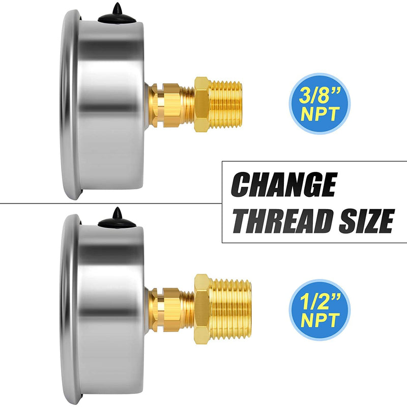MEANLIN MEASURE 0~200Psi Stainless Steel 1/4" NPT 2.5" FACE DIAL Liquid Filled Pressure Gauge WOG Water Oil Air Back Mount (Pack of 2), with 1/2" NPT and 3/8" NPT Hex Bushing 0-200Psi (2Pcs)