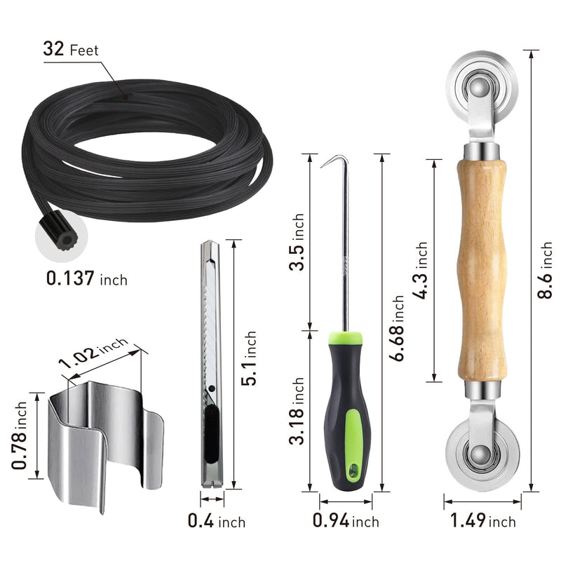 Screen Repair Kit, 5 in 1 Screen Tool - Screen Roller Tool, Spline Removal Hook,Screen Clips, Retainer Spline (32 ft) and Screen Cutter for Replacing & Installing Door and Window Screens Black Spline