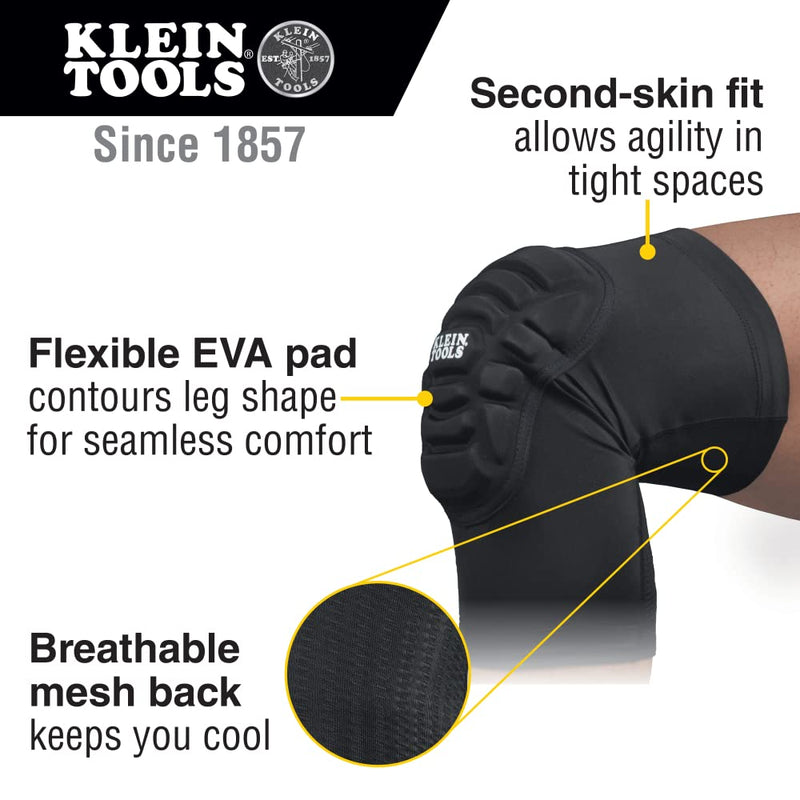 Klein Tools 60592 Knee Pads, Lightweight Padded Knee Sleeves, Breathable Mesh Back, Elastic Cuff with Slip-Resistant Silicone, Black, L/XL