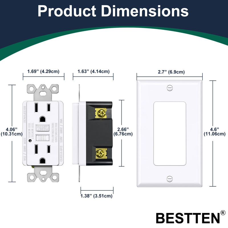 BESTTEN GFCI Outlet 15 Amp, GFI Receptacle Outlet with LED Indicator, Ground Fault Circuit Interrupter, Non-Tamper-Resistant, Wallplate Included, ETL Certified, 10 Pack, White 15A Indoor