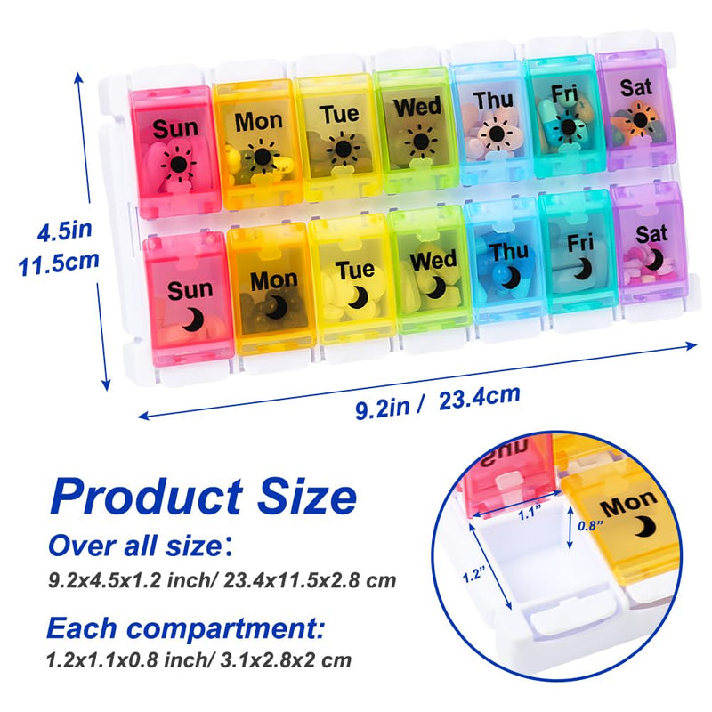 HRX Package Medicine Pill Boxes 7 Day AM/PM, Easy Fill & Open Medication Organizer Vitamin Reminder Holder Day and Night Colorful
