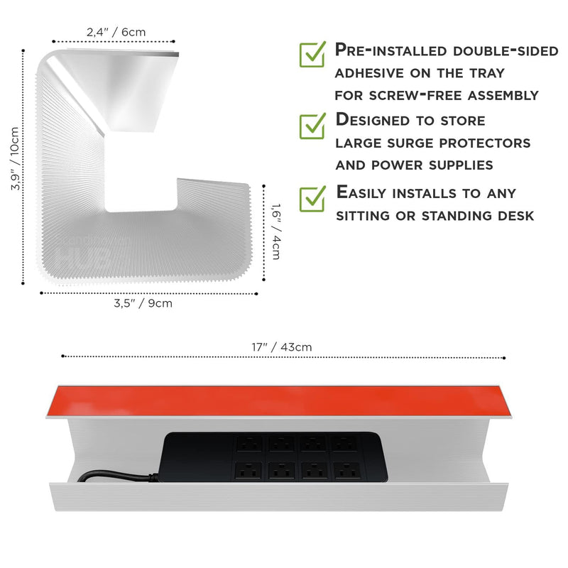 No-Screw Under Desk Cable Management Tray - Self-Adhesive Installation, Cord Management, Cable Tray, Under Desk Wire Organizer - White Set of 2 2pcs Self Adhesive