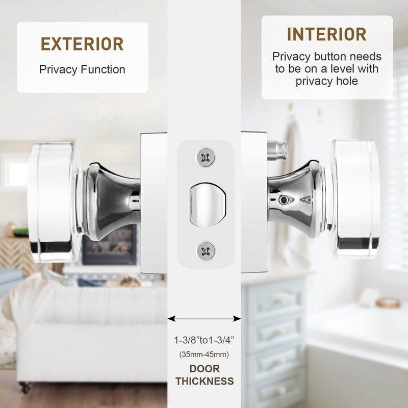 Polished Chrome Door Knobs Interior, Privacy Crystal Glass Door Knobs with Lock for Bathroom Bedroom Privacy-Crystal Polished Chrome