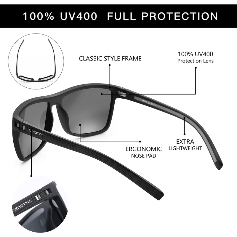 ZENOTTIC Polarized Sunglasses for Men Lightweight TR90 Frame UV400 Protection Square Sun Glasses C02 Black Frame / Black Polarized Lens
