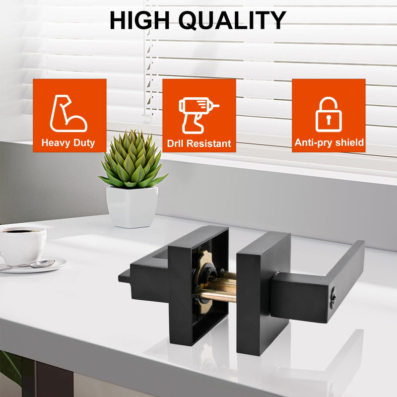 High-Security Stainless Steel Door Handle - with Lock and Key, Door Lever for Bedroom, Bathroom and Rooms(Black) Black-Square