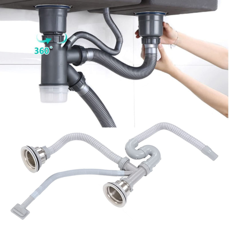 BORDSTRACT Kitchen Sink Drainer Pipe, Stainless Steel Sink Drain Kit, Flexible Drain Assembly With Double Drains Sewer Universal Pipe for Restaurant Home