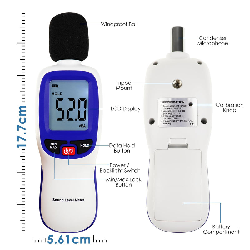 Wireless Decibel Meter, Bluetooth Sound Level Meter with App Data Logging and Alarm- Portable Audio Sound Tester Measures Noise Levels from 30~130dBA Noise Meter for Classroom, Home, Office