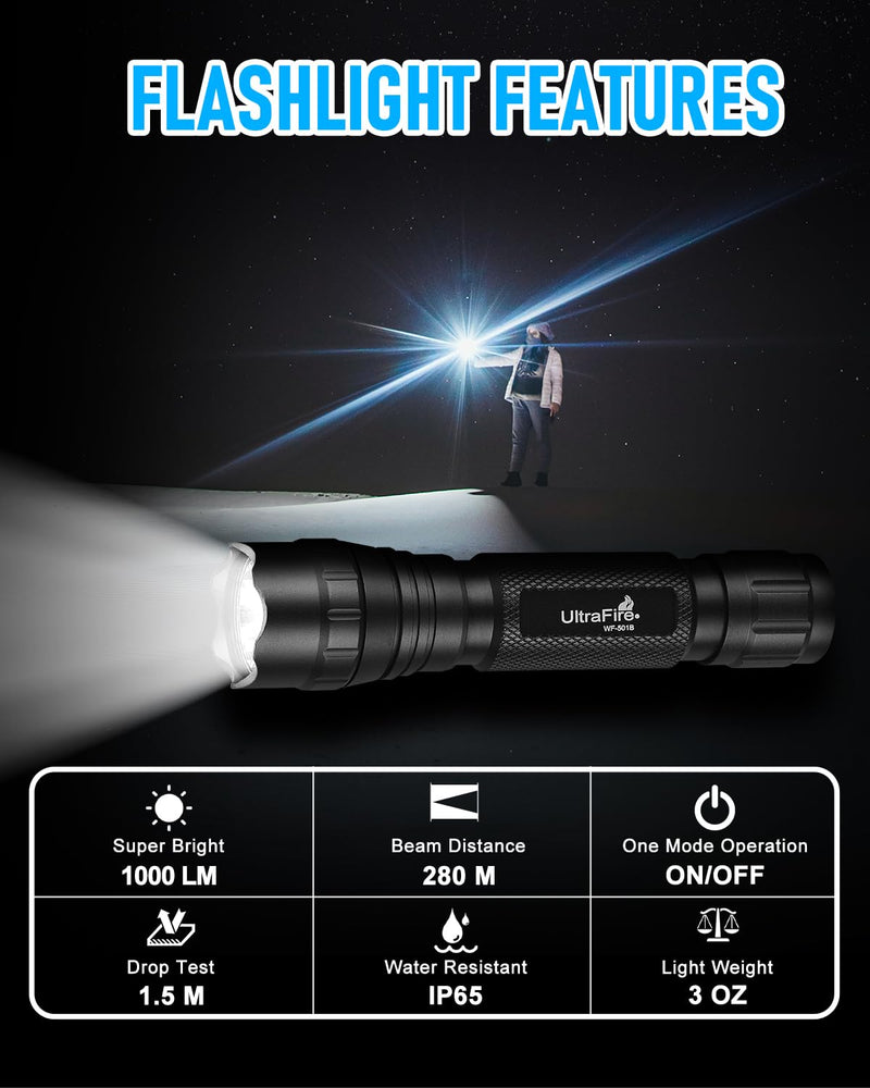 ULTRAFIRE Tactical Flashlight with Holster, Single Mode LED Flashlight 1000 High Lumen Duty Flashlights with Belt Holster and Charger, Bright Small Flash Light WF-501B