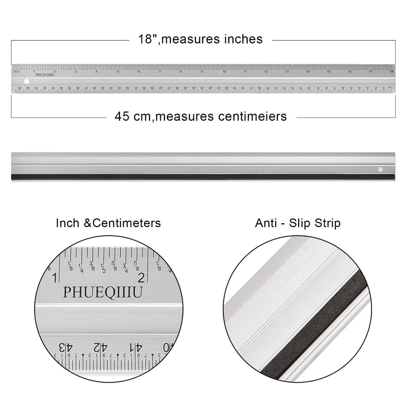 Easy to Read 18 Inch Aluminum Ruler 3-Pack, Dual Sided Imperial Metric Scale with Anti-Slip Strip & Hang Hole for Woodworking,Drafting,Drawing,Measuring,Engineering.