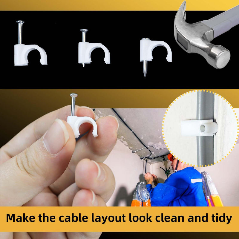 200 Pieces Cable Clips White Wire Nail Clips Ethernet Cable Wire Nails Tacks Clips Cable Management Wire Wall Clips Cord Holder 7mm Nail Cable Clips Round Coaxial Cable Clamps Cords Staples (White)