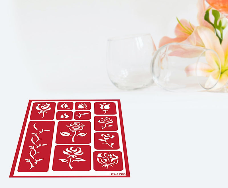 2 Reusable Glass Etching Stencils - Rose and Hearts Themed Etch Stencil - Wedding, Romantic, Love, Floral Heart, Roses Theme Design - Set Includes Brush