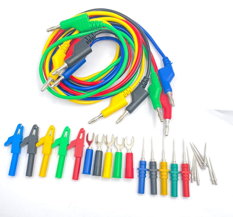 5PCS Male Banana Plug Silicone Test Leads Kit 5 Colors Silicone Lead Test Cable with Alligator Clips 4mm Fully Insulated Safety Shrouded Stackable Banana Connector for Multimeter