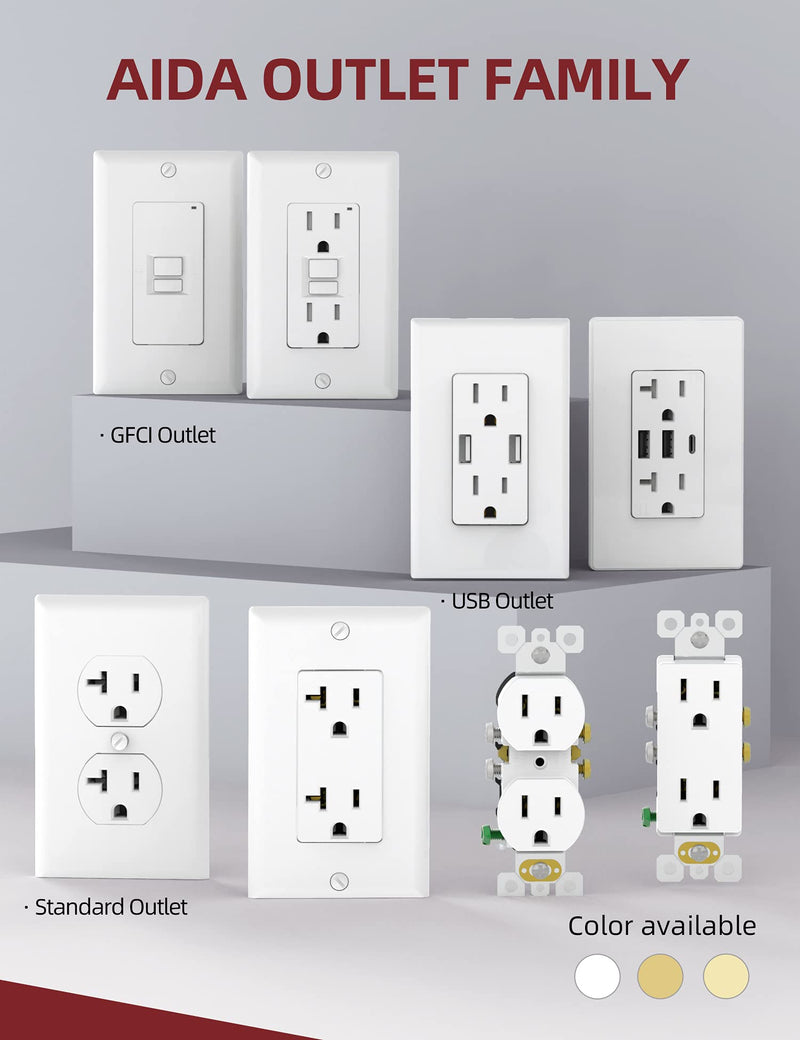 AIDA 20 Amps Outlets Duplex Electrical Receptacle Outlets, Electrical Outlet, 20Amp 125V Heavy-Duty Wall Outlet, Residential, 3-Wire, Self-Grounding, UL Listed, Side Wire (10 Pack, White) Without Wall Plate 10