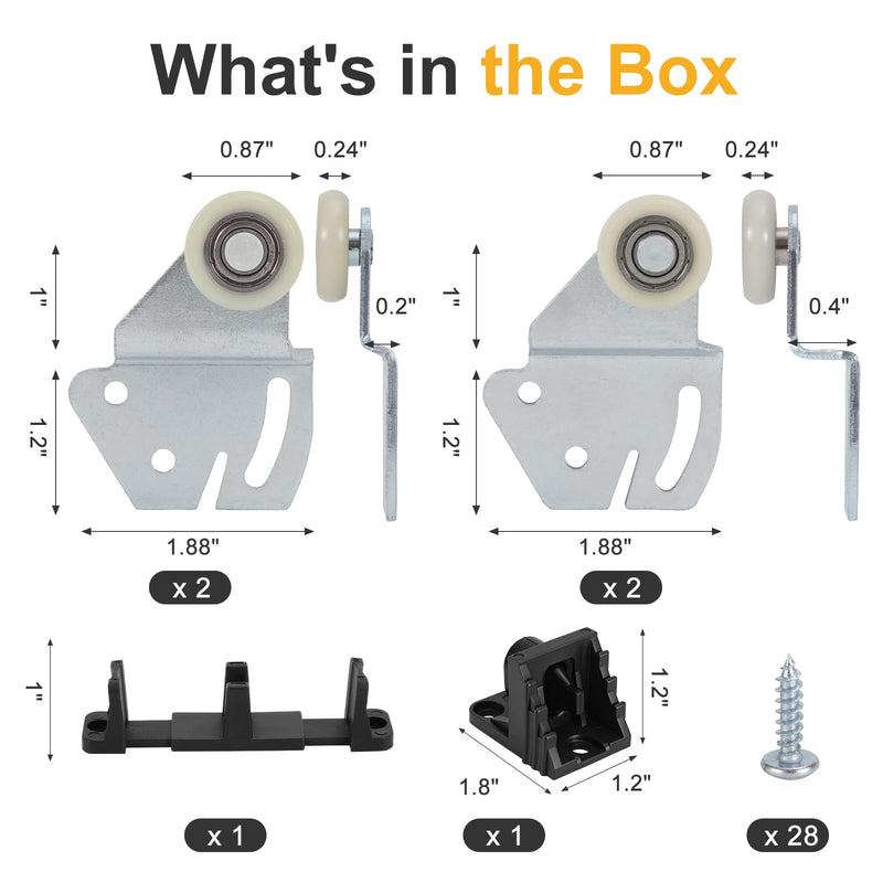 Sliding Closet Door Roller Kit – Top Hung Door Replacement Hardware with 7/8Inch Convex Ball Bearing Wheels, Stamped Steel, 1/4" & 1/2" Offset Brackets