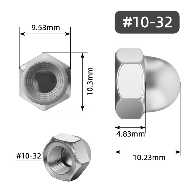 #10-32 Acorn Hex Cap Dome Head Nuts, 304 Stainless Steel 18-8, Bright Finish, Pack of 50 #10-32