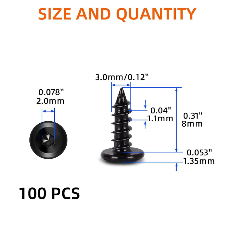 M3 x 8mm Flat Head Socket Cap Self Tapping Screws, 304 Stainless Steel, Hex Drive, Black Finish, 100 PCS M3 x 8mm
