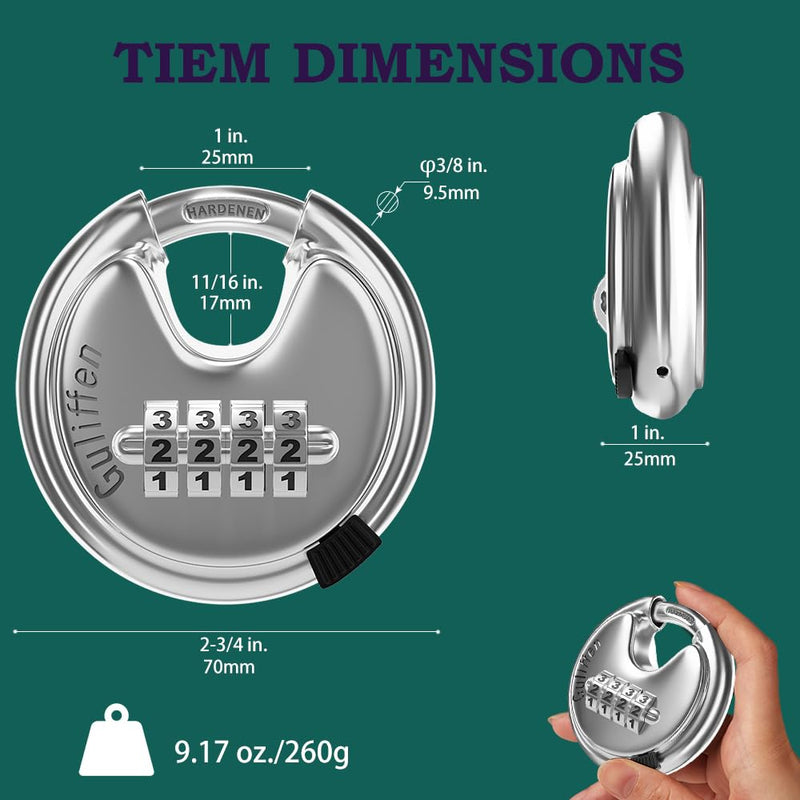 Discus Combination Lock,Heavy Duty Stainless Steel Disc Combination Padlock for Storage Unit, Sheds, Garages and Trailer
