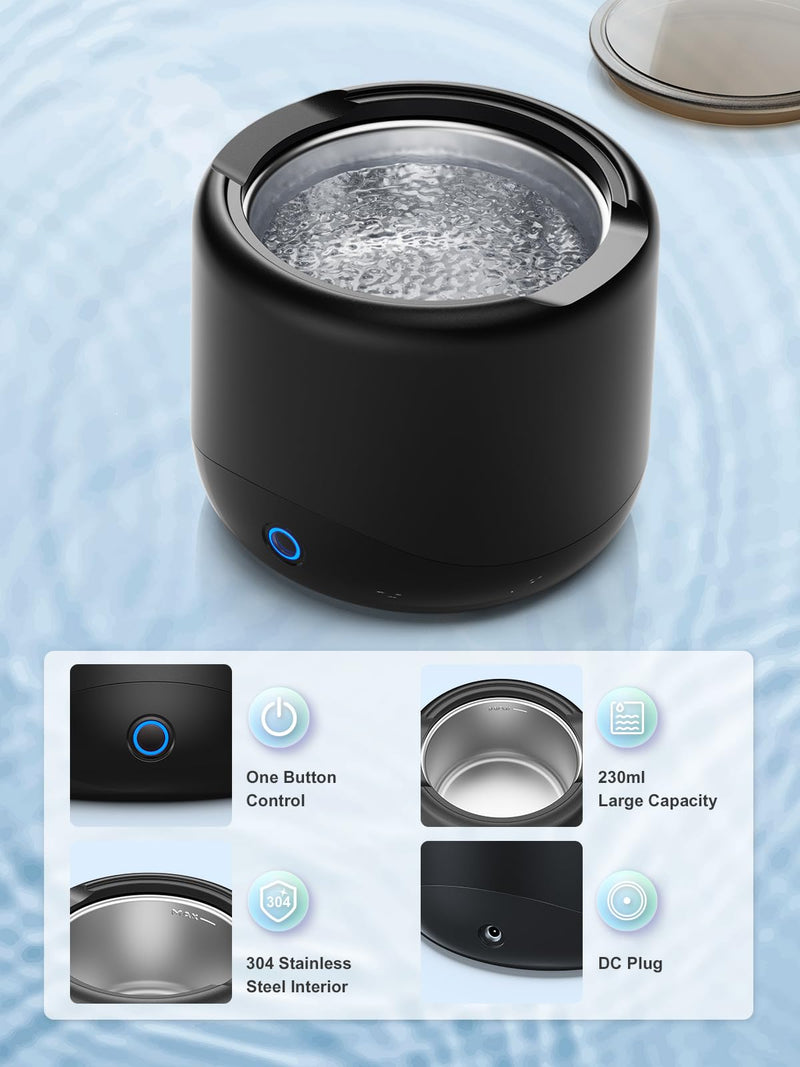 Jewelry Cleaner Machine,Retainer Cleaning Machine with 45 KHz Portable Professional Denture Cleaner for Retainer, Dental, Mouth Guard, Ring, Silver, Jewelry for Home or Travel Black-1