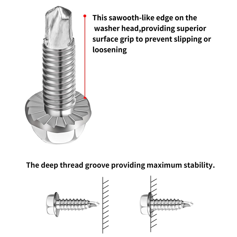 # 14 Serrated Hex Washer Head Self Drilling Screws # 2 Drill Point, 1/4"-20 Thread Size Self Tapping Screws, Garage Door Hinge and Bracket Bolts 3/8 x 1 (Qty 50)