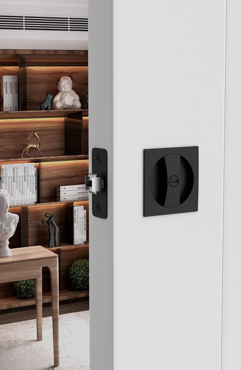 goldenwarm Bed/Bath Pocket Door Lock, Matte Black Contemporary Privacy Square Pocket Door Hardware(2-3/8" Backset), Black Flush Pocket Door Latch(1 Pack) Square Privacy - 1 Pack