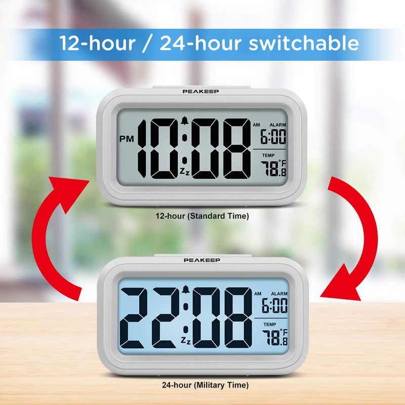 Peakeep Night Light Digital Alarm Clock Battery Operated with Indoor Temperature, Desk Small Clock (White) White