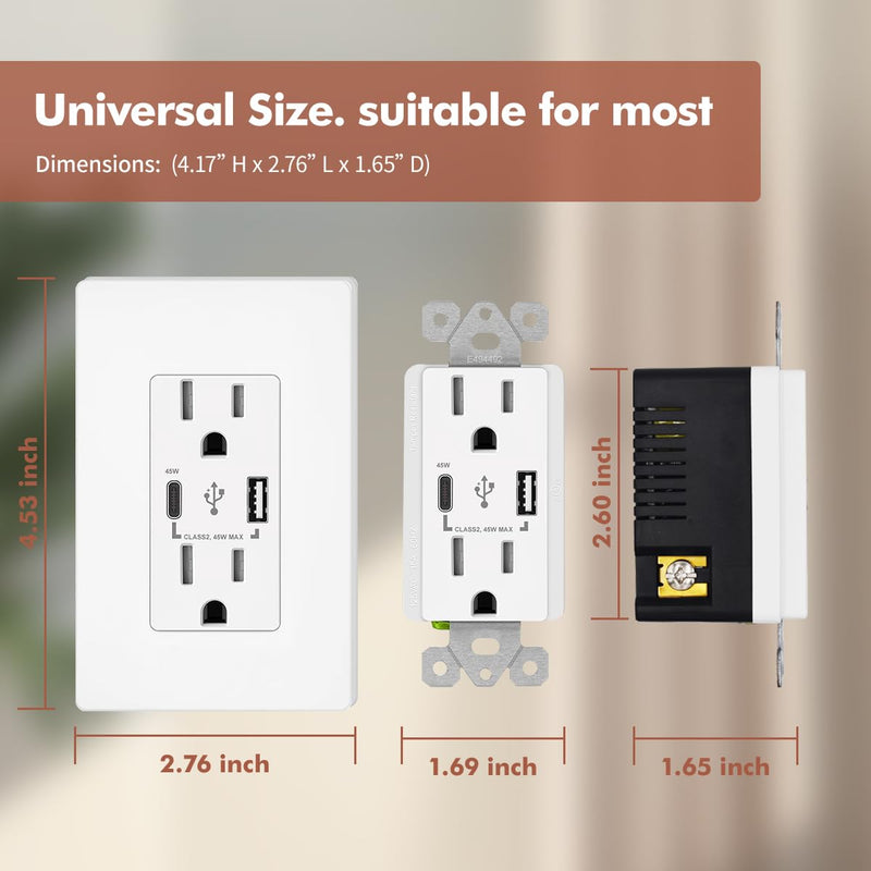 Micmi USB C Outlet PD 45W Power Delivery Decorator Receptacle 4.8A Receptacle, in-Wall Charger with 15 Amp, 125 Volt Tamper-Resistant Outlet Charger (2, White, USB C+A PD 45W) 2