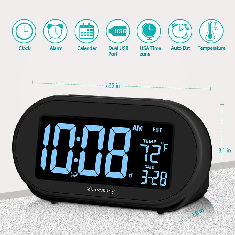 DreamSky Alarm Clocks for Bedrooms, Auto Set Digital Desk Clock for Bedside Nightstand, Electric Clock with Dimmable Brightness Dimmer, Auto DST, USB Port, Date, Temperature, Snooze Black