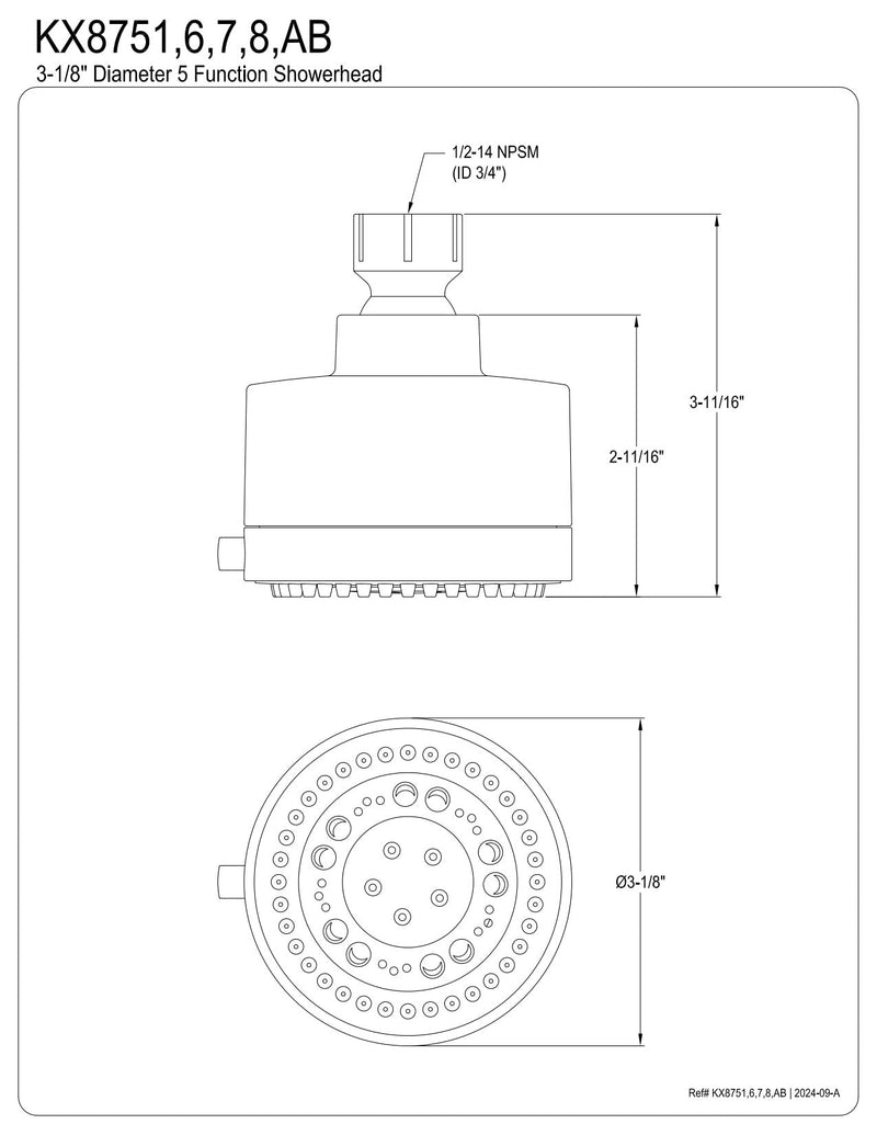 Kingston Brass KX8758 Vilbosch 3" Round 5-Function ABS Shower Head, Brushed Nickel 3-1/8" (L) x 3-1/8" (W) x 3-11/16" (H)