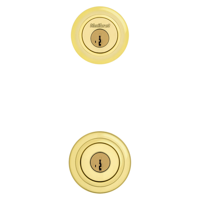 Kwikset 690 Tylo Entry Knob and Single Cylinder Deadbolt Combo Pack featuring SmartKey® in Polished Brass, Key Lock Old Latch