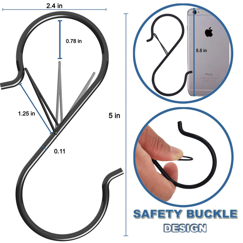 7 Pack S Hooks for Hanging with Safety Buckle, 5 inch Heavy Duty Black Vinyl Coated Wire Shelving Hooks, Pot Rack Hooks for Hanging Plants, Bags, Kitchen Utensils, Cups, Pans 12
