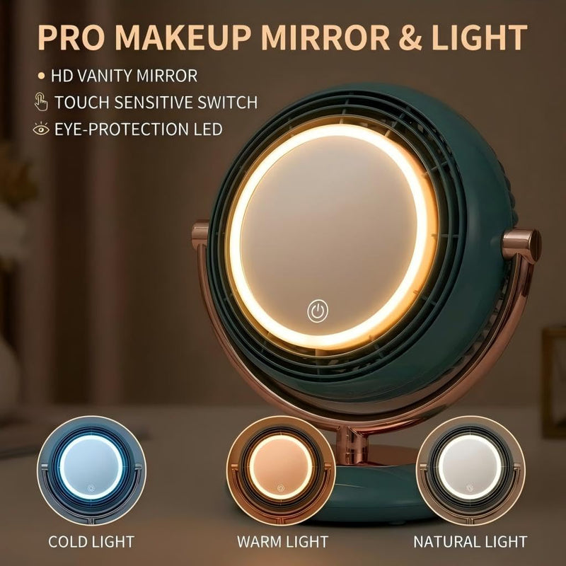 Retro-Style Makeup Mirror Desktop Portable Fan, Desktop Dressing Mirror with Built-in Fan, Equipped with LED Lighting, Warm and Cool Tone Lights, Touch Control Function (White) White