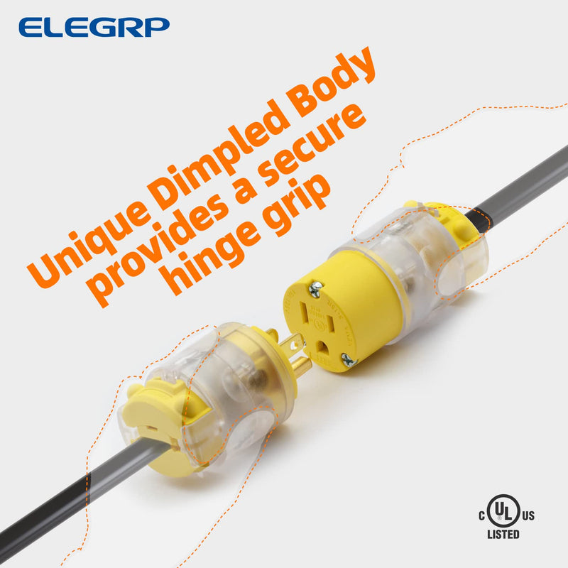 ELEGRP Lighted Straight Blade Electrical Plug and Connector Set 15 Amp 125 Volt NEMA 5-15P NEMA 5-15R 2 Pole 3 Wire Grounding, Commercial Grade, Yellow, 5 Set Plug & Connector Set