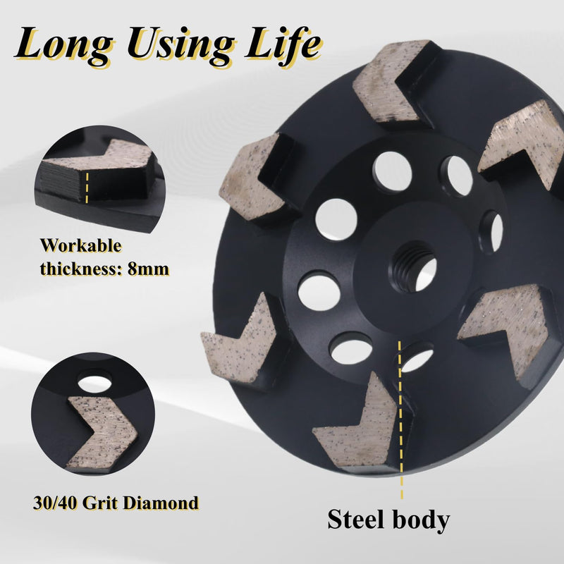 High Performance Diamond Grinding Cup Wheel, 5’’ Aggressive Arrow Segment Grinding Wheel for Concrete Thin Epoxy Coating Removal, 5/8"-11 Arbor, 30/40 Grit, 6 Segments 5''