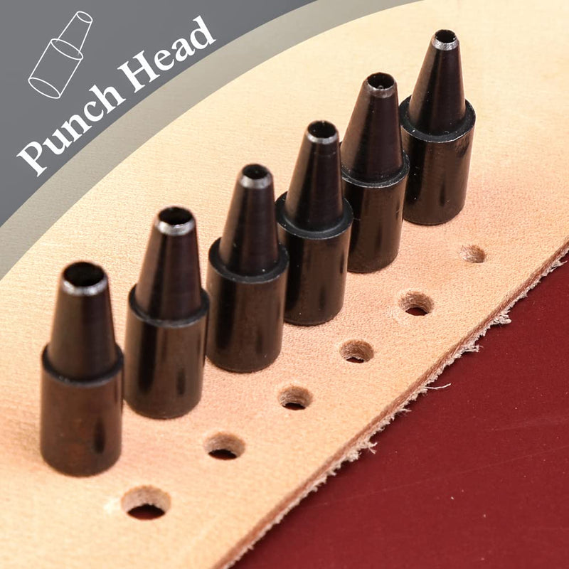 Adjustable Leather Hole Punching Tool Automatic Puncher with Wooden Handle Hollow Hole Punch with 6 Tips Size (1.5mm/2mm/2.5mm/3mm/3.5mm/4mm) for Leather Belt, Bag, Wristband Red brown